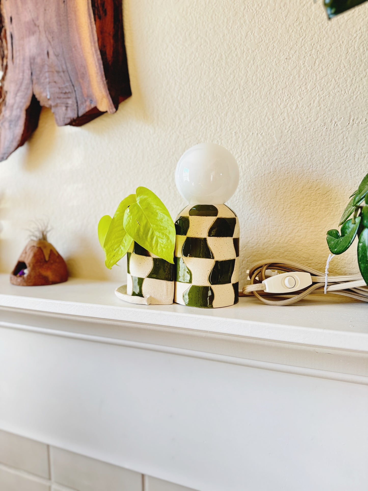 Mini Forest Green wave checkered lamp & planter