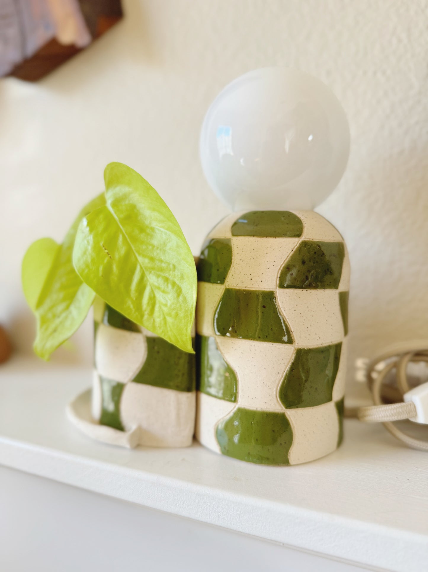 Mini Forest Green wave checkered lamp & planter