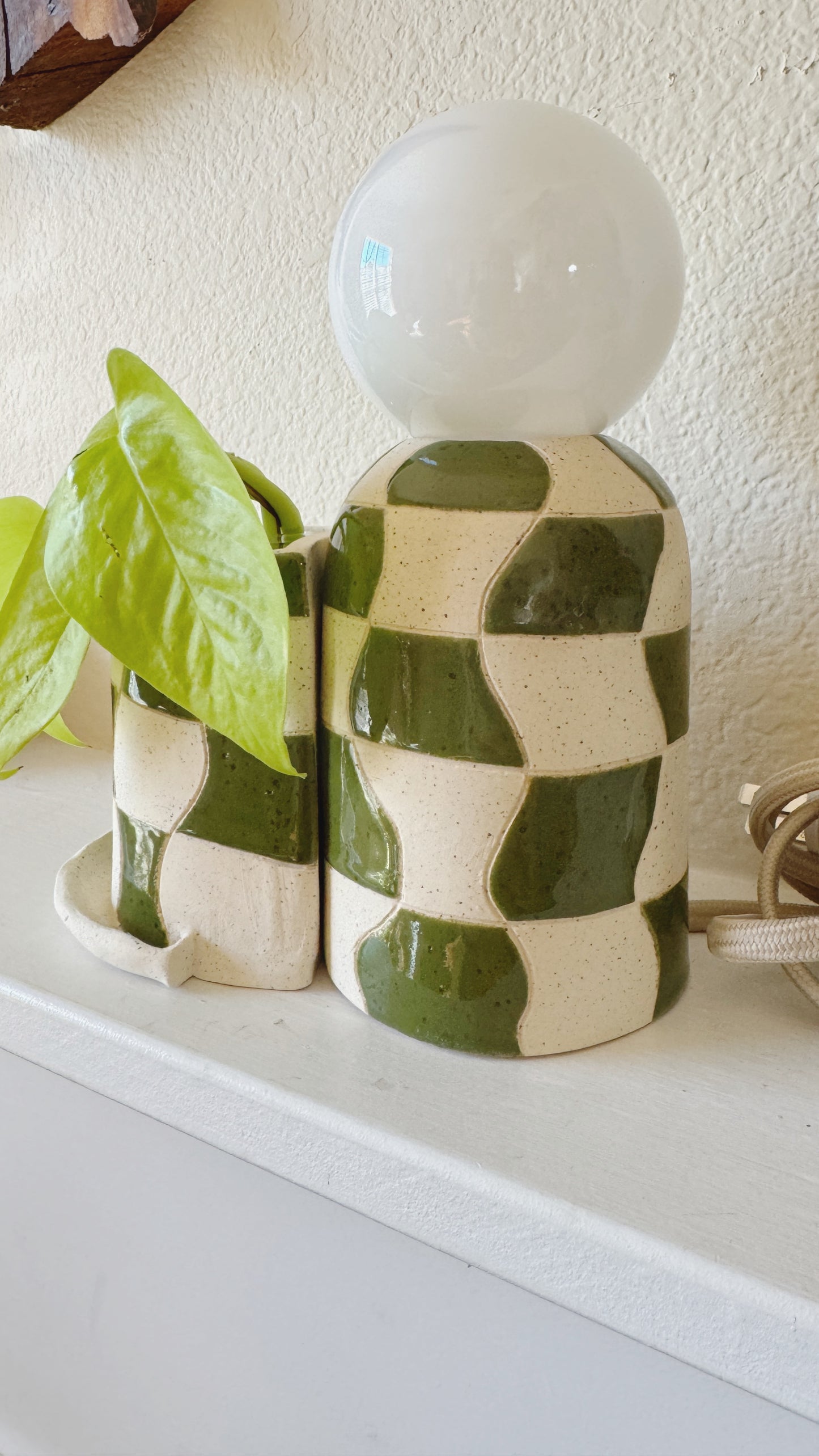 Mini Forest Green wave checkered lamp & planter