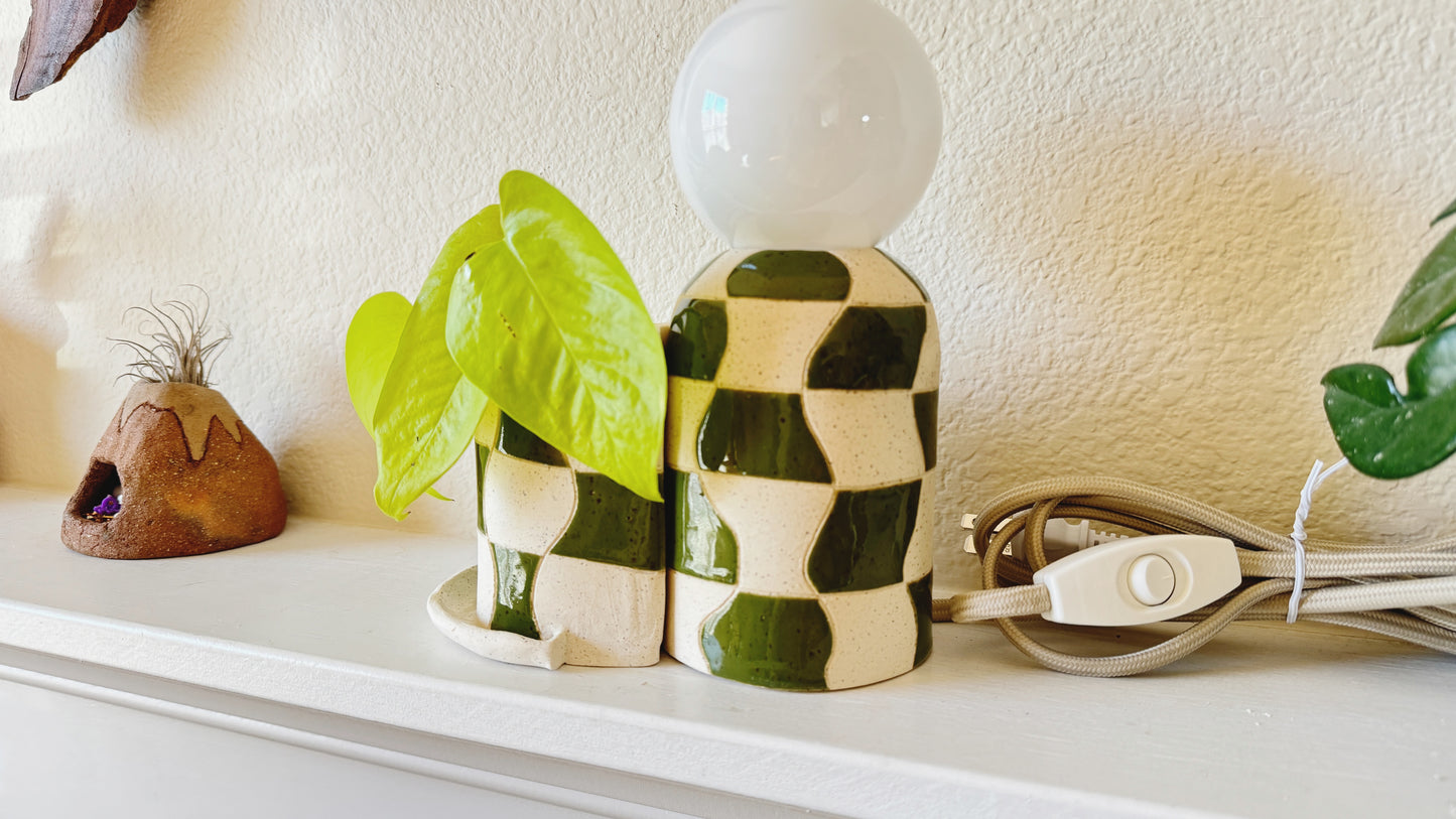 Mini Forest Green wave checkered lamp & planter