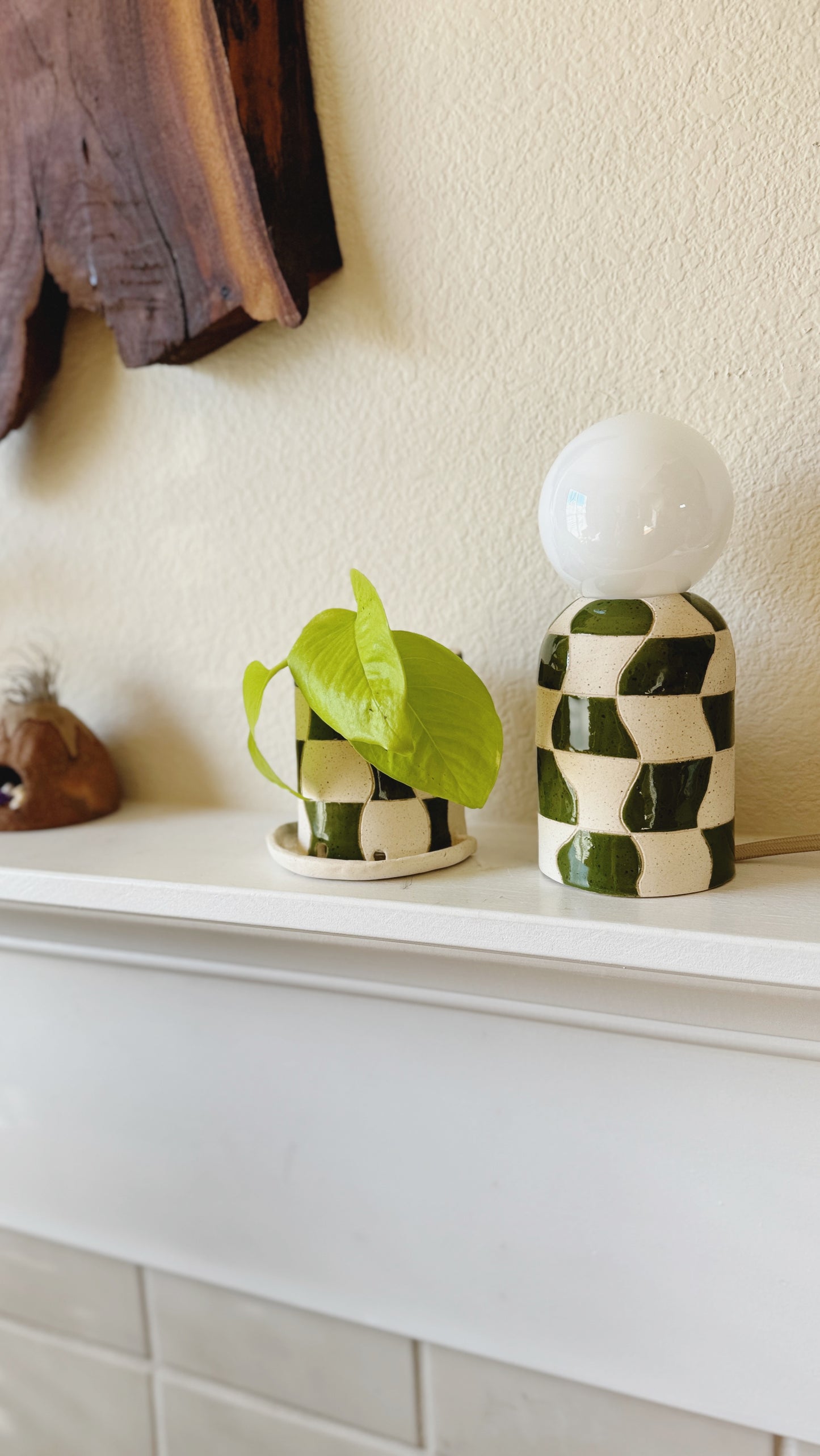 Mini Forest Green wave checkered lamp & planter