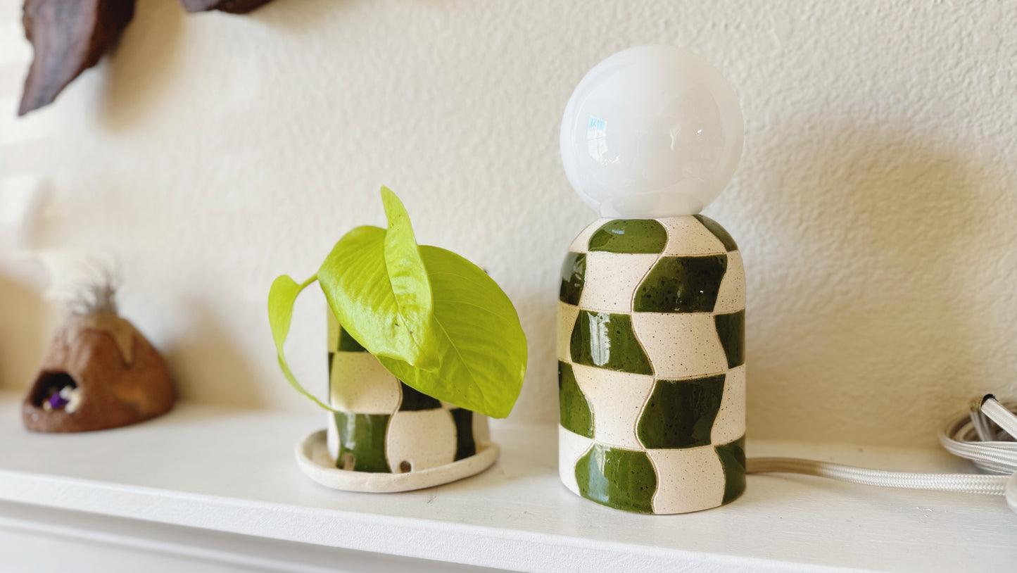 Mini Forest Green wave checkered lamp & planter